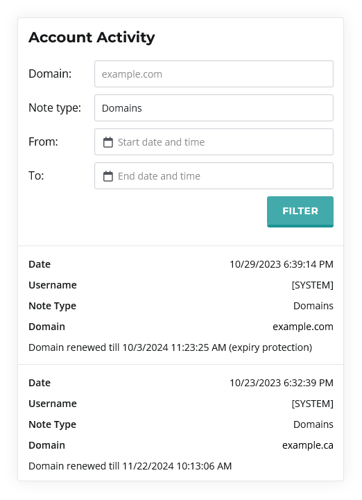 Account activity log